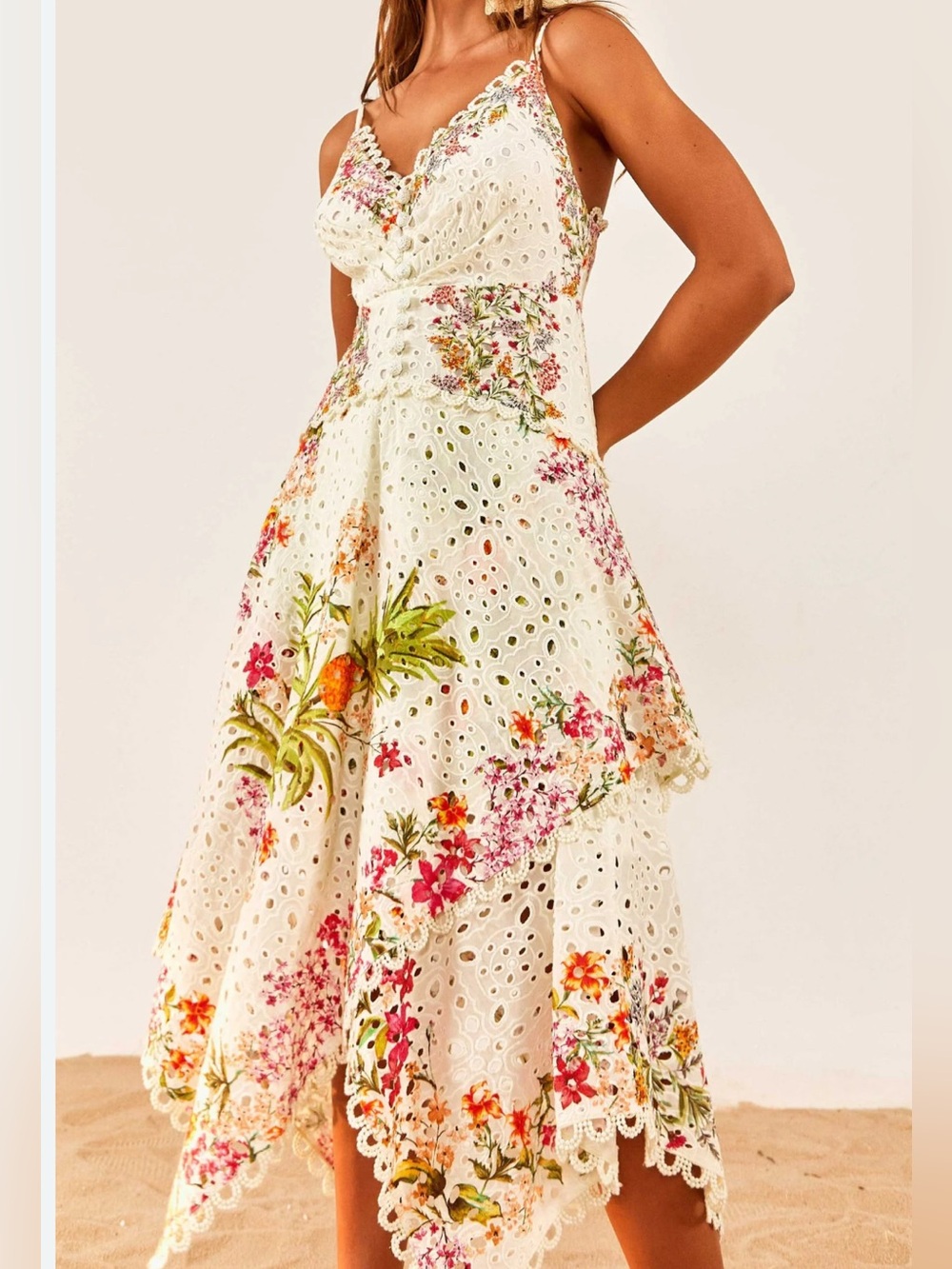 FARM Rio White Floral Eyelet Midi Scarf Dress with Spaghetti Straps. Med.NWOT - Picture 2 of 11